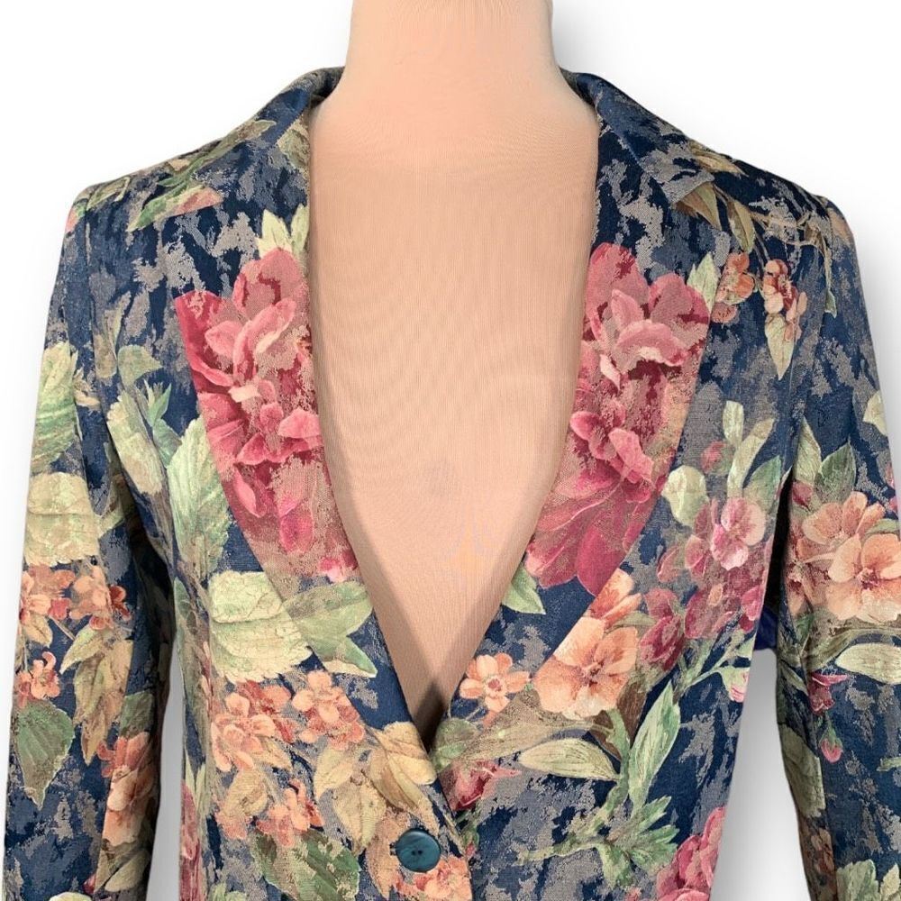 Vintage 90s Structured Blazer Jacket Navy Dark Floral Boxy Oversized Romantic - Picture 4 of 9